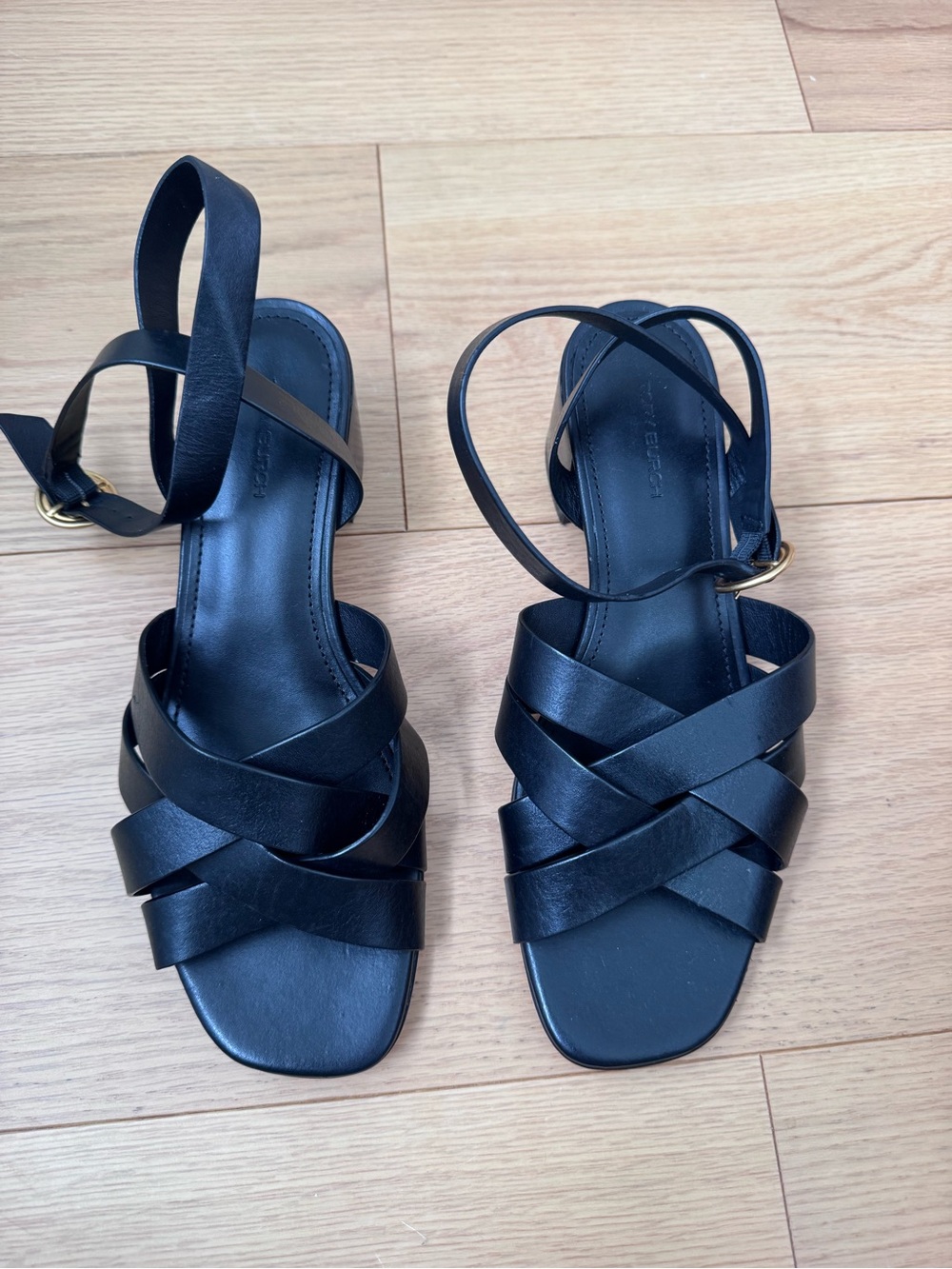 Tory Burch Black Leather Crisscross Ankle-Strap Sandals